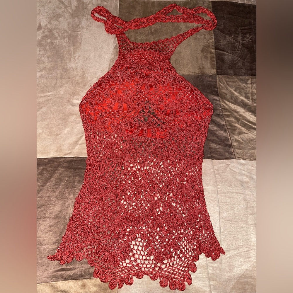 2000s Crochet Beaded Halter Top Red Y2K